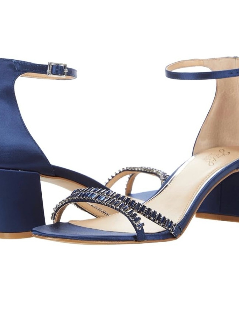 Badgley Mischka Navy Satin Block Heel Sandals with Crystal Straps
